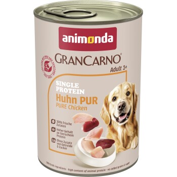 Dose Animonda GranCarno Hundefutter mit Aufschrift 'Pure Chicken' Adult 1+, mit lächelndem Hund und Hühnerstückchen.